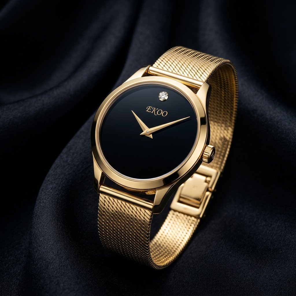 EKOO Minimalist Solitaire Noir 18K Gold Evening Watch (Women's 32mm)